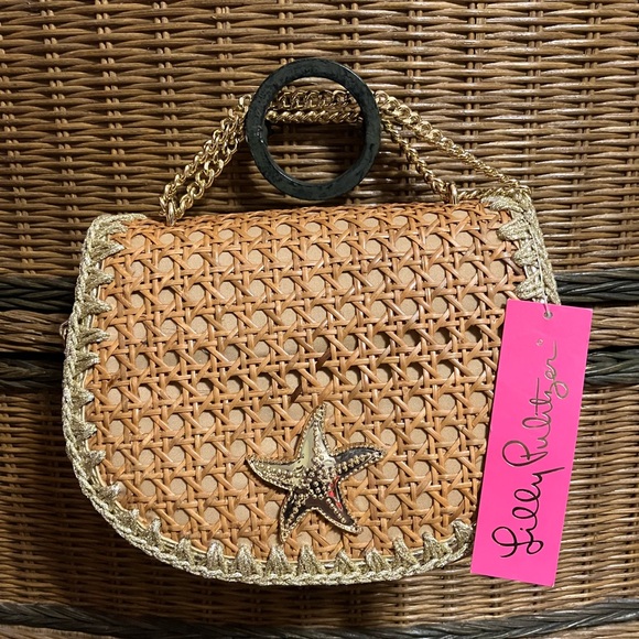 BRAND NEW WITH TAGS • Lilly Pulitzer LaConcha Cane Crossbody Natural Gold Sea - Picture 1 of 6